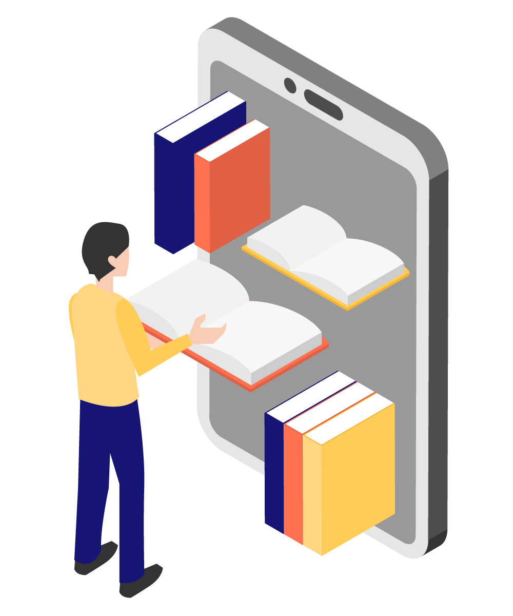 スマートフォンの本棚へ本を届けるイラスト